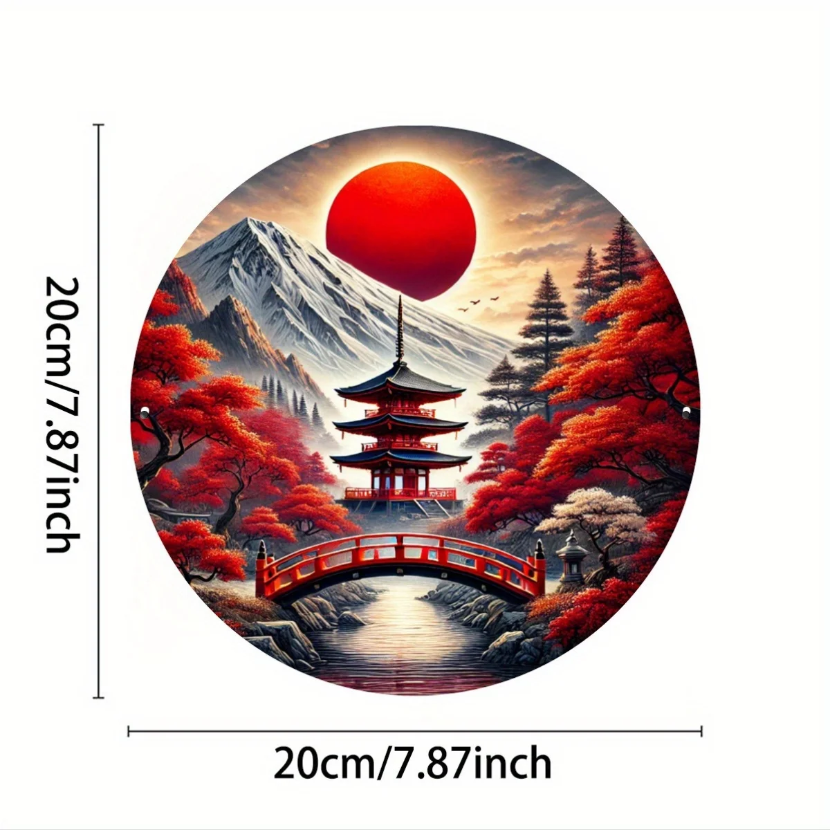 Rustic Japanese Temple Round Aluminum Metal Sign 7.87x7.87 Inches Autumn Mount Fuji Mural Art Vintage Asian Style Wall Decor for