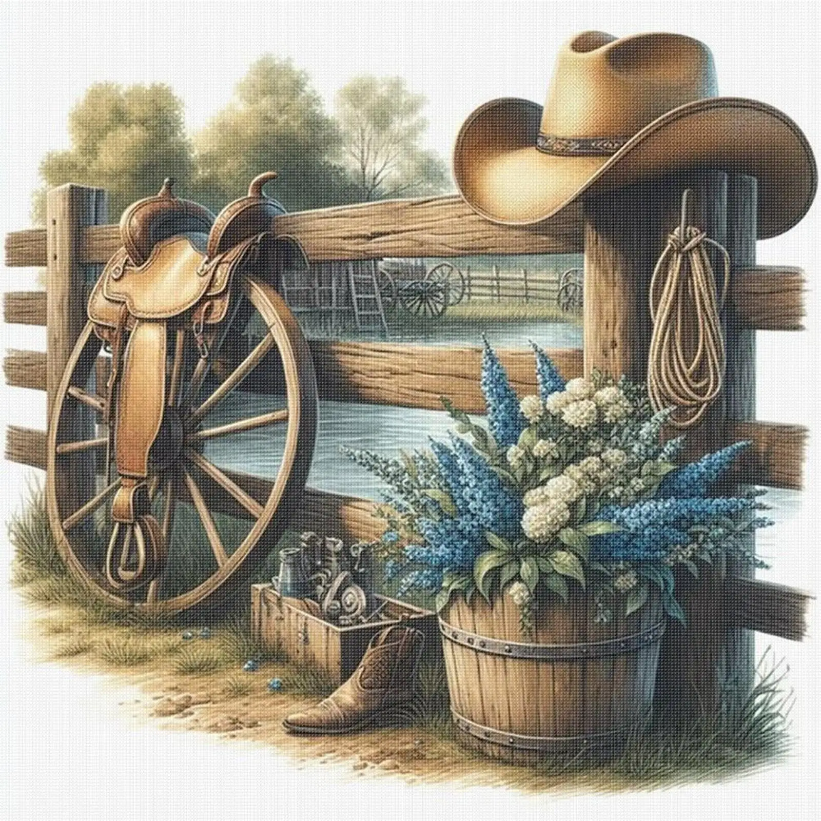 

Western Cowboy Printed Cross Stitch Kit DIY 11CT Embroidery Craft Set Home Decor