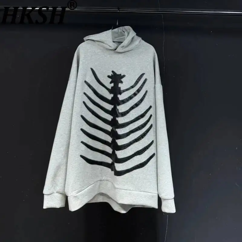 

HKSH Spring New Men Tide High Street Style Washed Distressed Hooded Sweatshirt Skeleton Print Women Trend Hoodie Top Ins HK24004