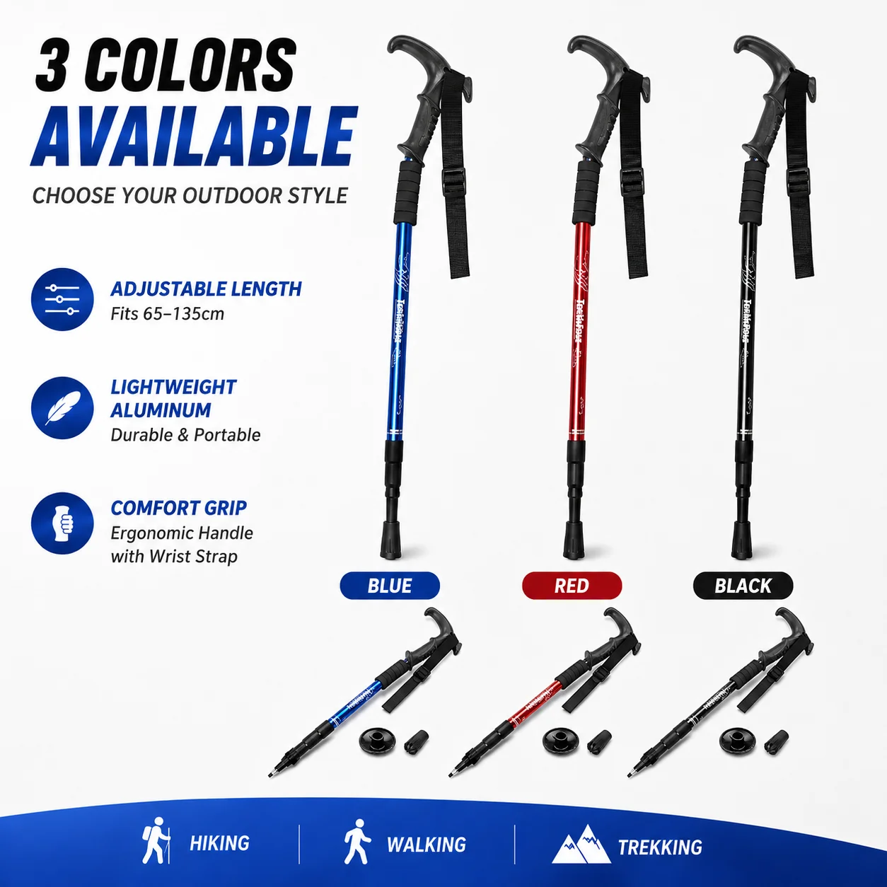Adjustable Walking Cane Foldable Trekking Pole Lightweight Aluminum Hiking Stick Anti Slip Tip Travel Support for Senior Outdoor