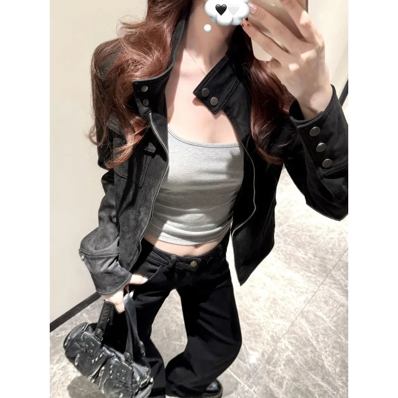 

Women's Retro Black Coat 2025 for Spring and Autumn, Loose Design, Casual Stand Collar, Trendy Jacket for Autumn and Winter