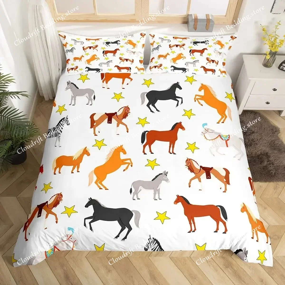 Cartoon Horse Duvet Cover King Queen Galloping Horse Comforter Cover Golden Stars Bedding Set Lovely Animal Decor Quilt Cover026