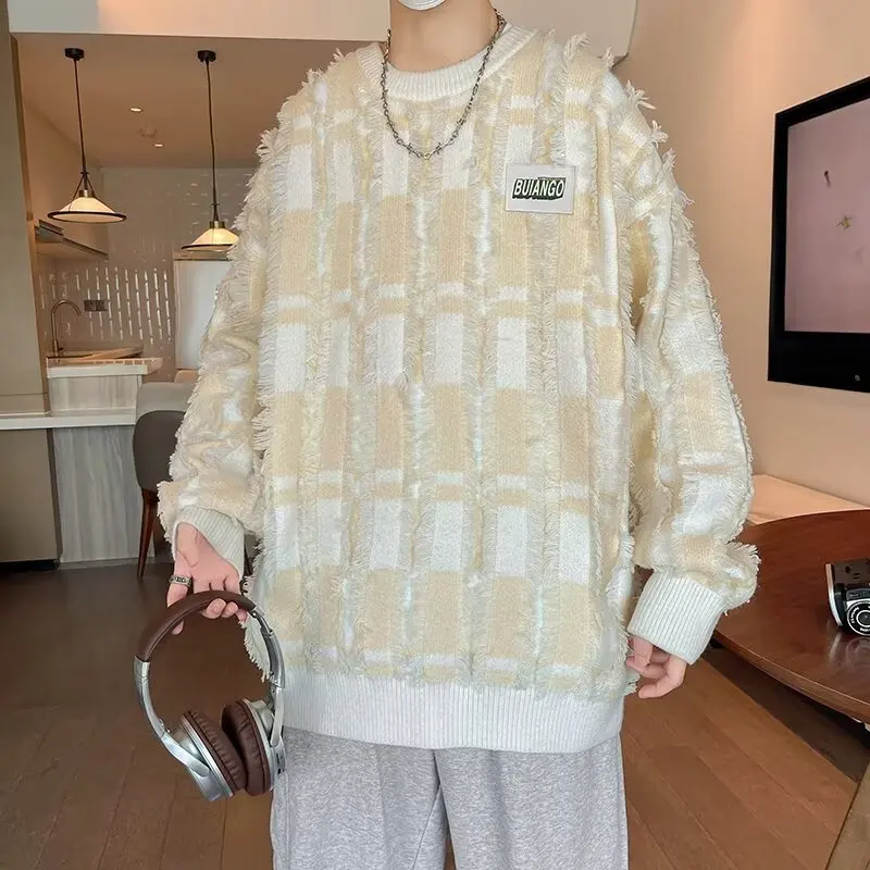 

Retro Japanese Sle Plaid Knitted Sweater Casual All-Match Lazy Sle Couple Hoodie Men's Autumn Winter Soft Polyester Fiber