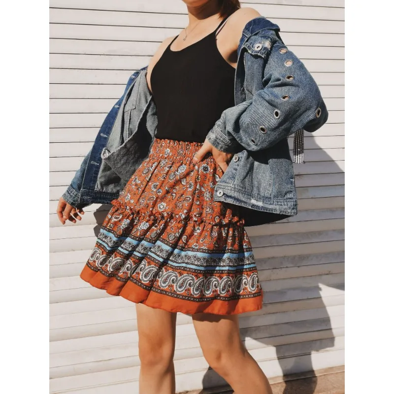 2024 Summer New Bohemian Women's Casual Printed Ruffled A-line Skirt Female Travel Fashion Pleating Literary Retro Mini Dresses