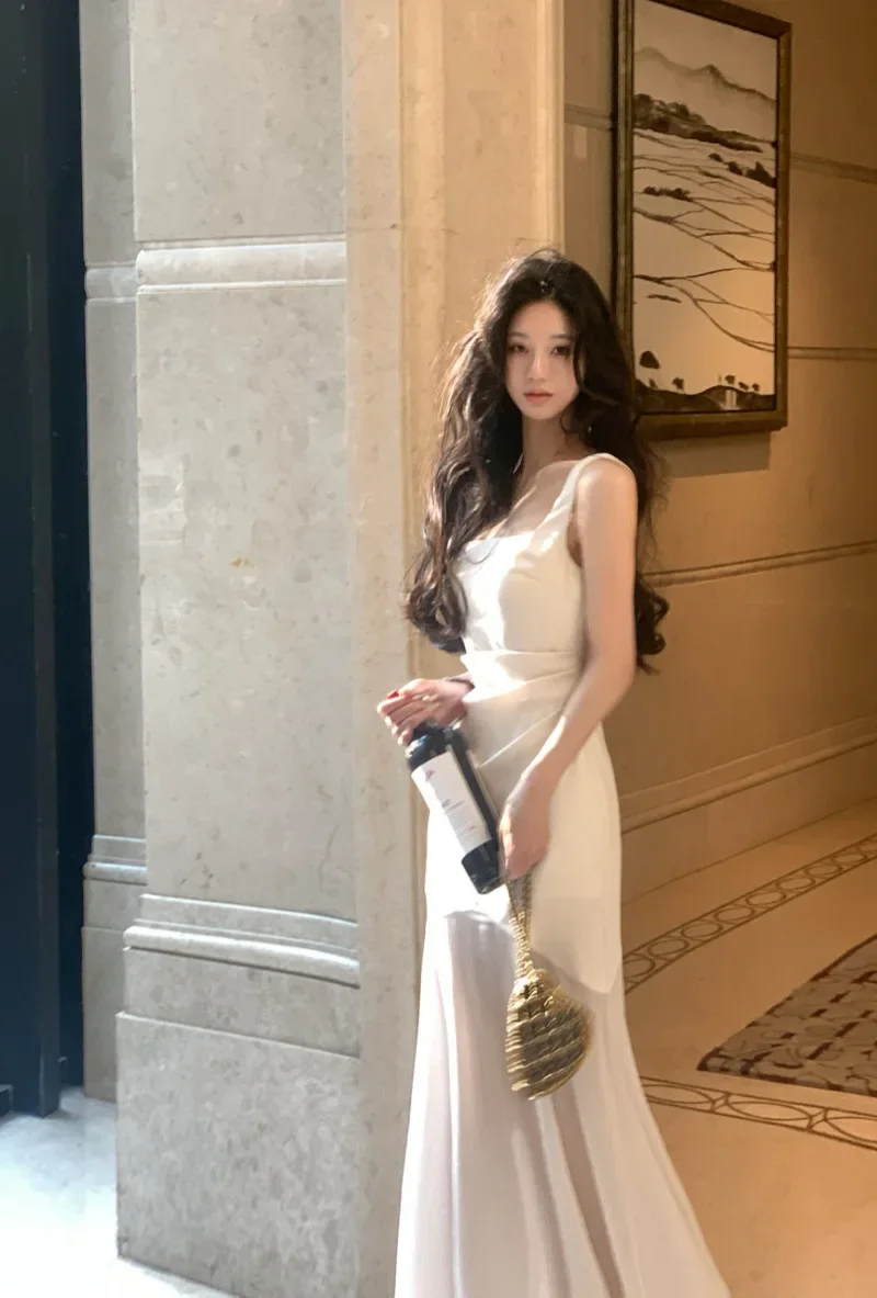Vestidos largos elegantes de satén blanco para mujer, novedad de verano 2023, moda de fiesta de noche, sin mangas, Patchwork, ropa femenina de sirena