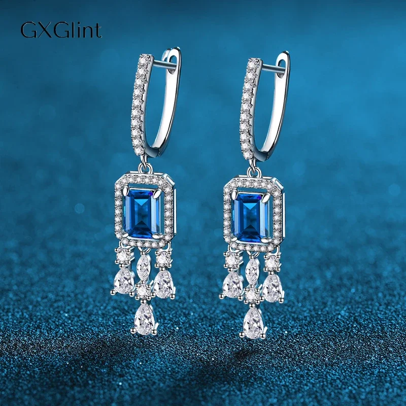 

GXGlint 925 Sterling Silver 5*7mm Radiant Cut Emerald Zircon Gems Vintage Style Drop Earrings with Tassels Jewelry For Women