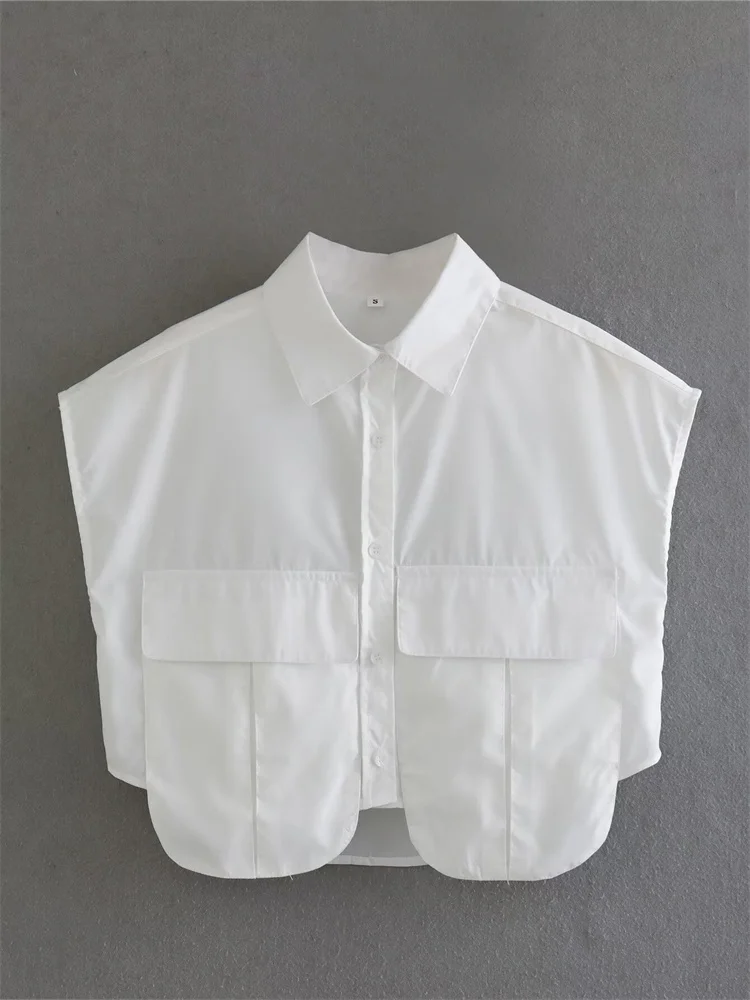 

Zevity Women Fashion Solid Color Double Pockets Design Short Blouse Office Lady Sleeveless Shirt Chic Chemise Blusas Tops LS258