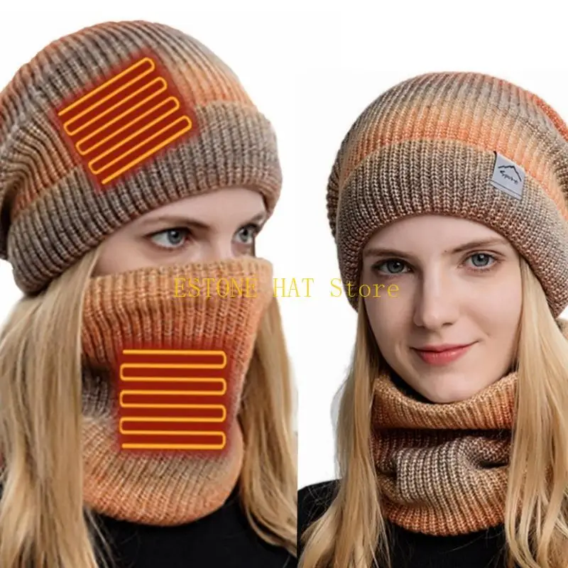 49MF Usb Heated Hat Scarf Set Gradient Color Heat Neck Wrap Electric Warm Neck Warmer Knit Hat Scarf Set Heat Skull Beanie