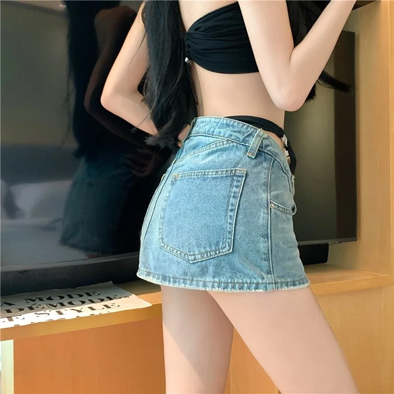 High Waist Splice Casual Denim  Skirt for Women Summer 2025 New Sle A-Line Skirt Commute Korean Sle ort Skirt