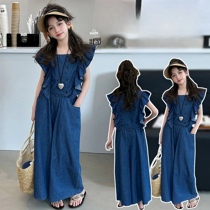 

2025 Spring Autumn New 6 8 10 12 14 16 Years Teenagers Clothing Girls Denim Kids Fly Sleeve Tops+Wide Leg Pants Jeans 2pcs Set