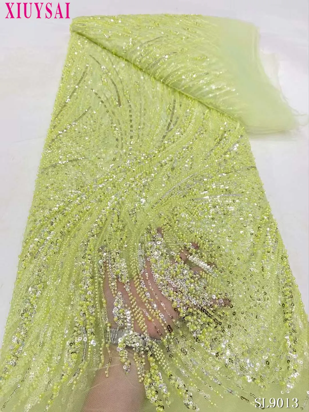 Luxury Green Sequins Tube Beads Lace Fabric For Wedding 2024 New Design French African Tulle Mesh Lace For Evening Dress