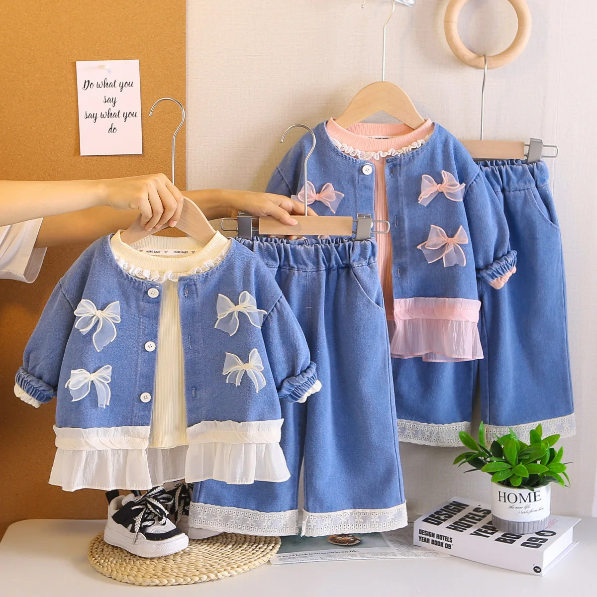 Autumn Children Clothes Set 1-5T Sweet Girls Bow Splice Denim Coat + Wide Leg Pants + Undershirts Korean Loose Kids Outfit 3PCS