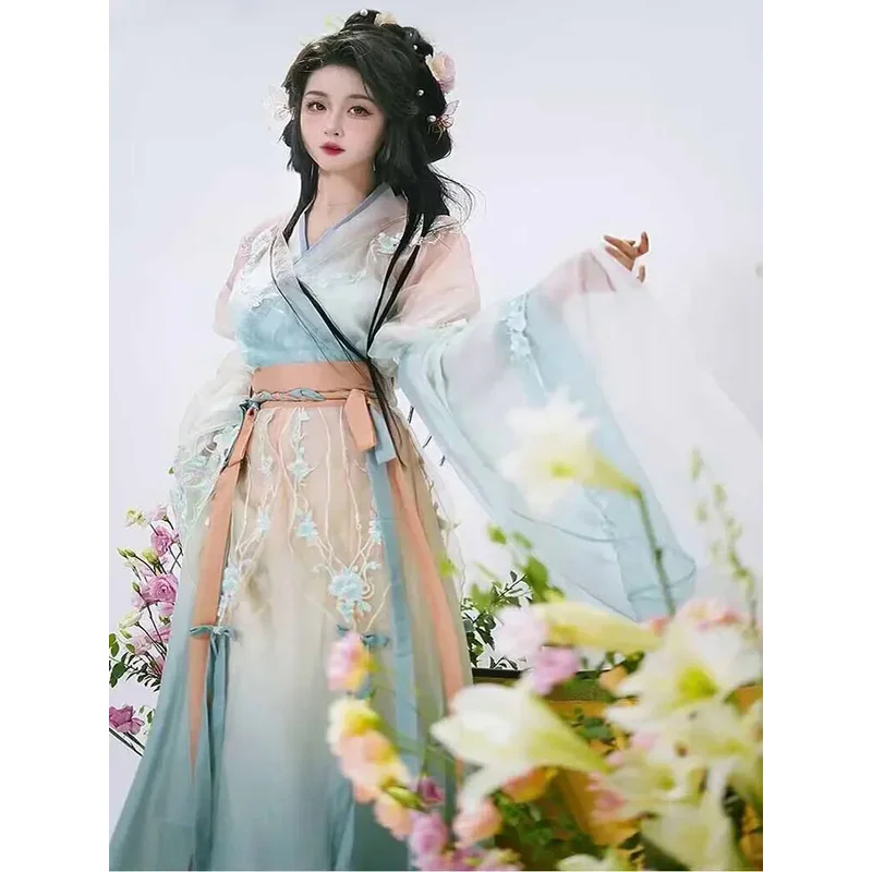 Disfraz tradicional Vintage Hanfu, vestido Hanfu azul degradado, vestido de fiesta de cumpleaños de talla grande