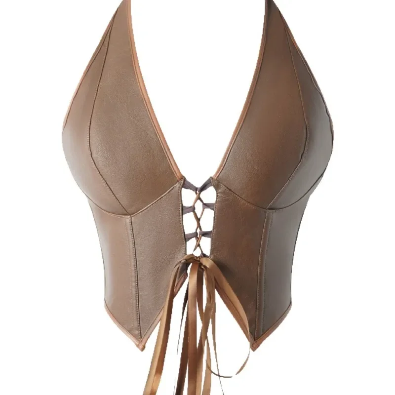 

Сексуальные коричневые корсеты из искусственной кожи с лямкой на шее, укороченные топы, бюстье для похудения на шнуровке спереди для сбора и завязывания тела, корректирующее белье