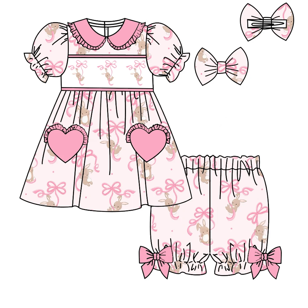 Easter Girl Series Short Sleeve Shorts Bow Girl Suit Bunny Bow Plaid Print Boutique Children's Suit