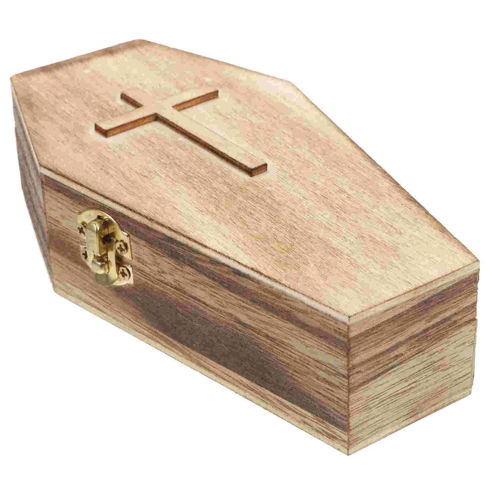 1 Real Hexagonal Wooden Coffin Jewelry Box Halloween Decoration Small Earring Holder Vampire Casket Toy