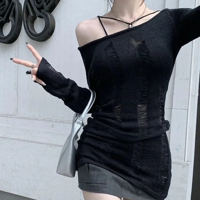 Goth Split Hollow Out Cool Pullover Hole Knit Sweaters Women Dark Black Gothic Lady Sweater Autumn Sexy See Through Pull Jumpers