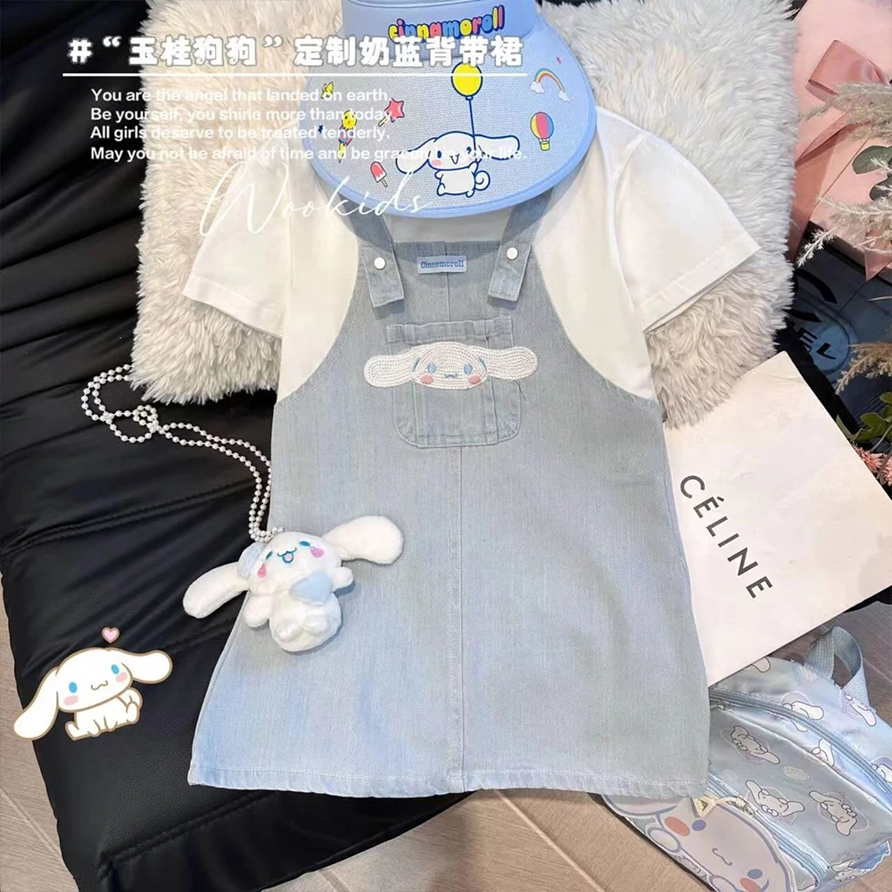 Cinnamoroll Girl's Strap Dress Sanrios Anime Fake Two Pieces Short Sleeve Dress Kuromi Kawaii Casual Students Fashion Dresses