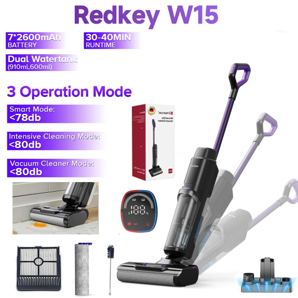 Aspirateur sans fil humide et sec Redkey W15, aspiration puissante, autonettoyant, appareil électroménager intelligent, longue autonomie, 2 grands réservoirs d'eau