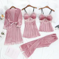 Sexy Lace Trim Four Piece Pajamas Set Female Sepwear Trouser Suits Pink Velour Nightgown Autumn Winter Loose Velvet Home Wear