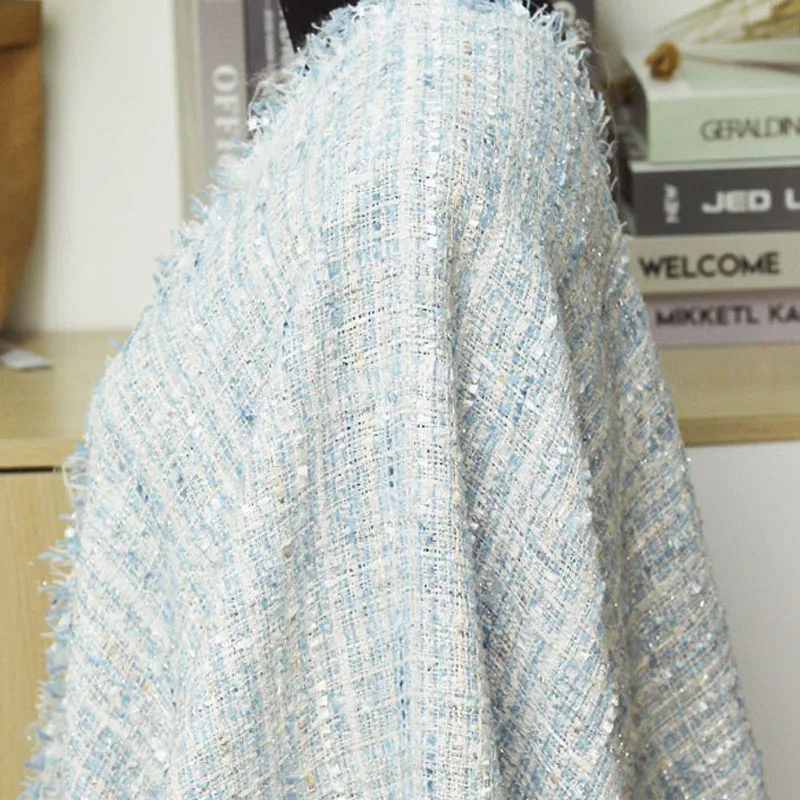 

Синий и белый цвет, серебряная проволока, окрашенная в пряже плетеная твидовая ткань для женской осенней куртки/платья/костюмы/пальто, материал для шитья своими руками