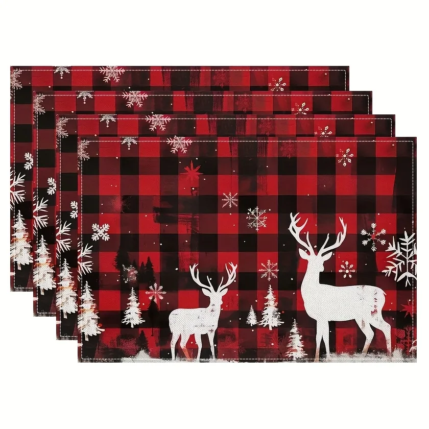 4/6/8pc Christmas Tree Merry Christmas Black Background Linen Placemats Elegant Holiday Kitchen Dining Table Decor