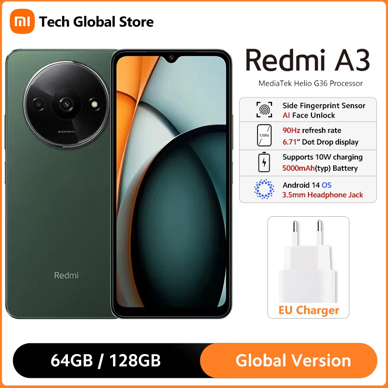 

Xiaomi Redmi A3 глобальная версия 4 ГБ 128 ГБ смартфон MediaTek Helio G36 процессор 6,71 "90 Гц точечный дисплей 5000 мАч аккумулятор