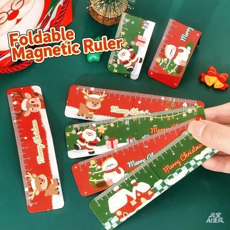 Cartoon Christmas Magnetic Ruler Foldable Soft Magnetic Bookmark Ruler Gift Santa Claus Straight Ruler Christmas Small Gift