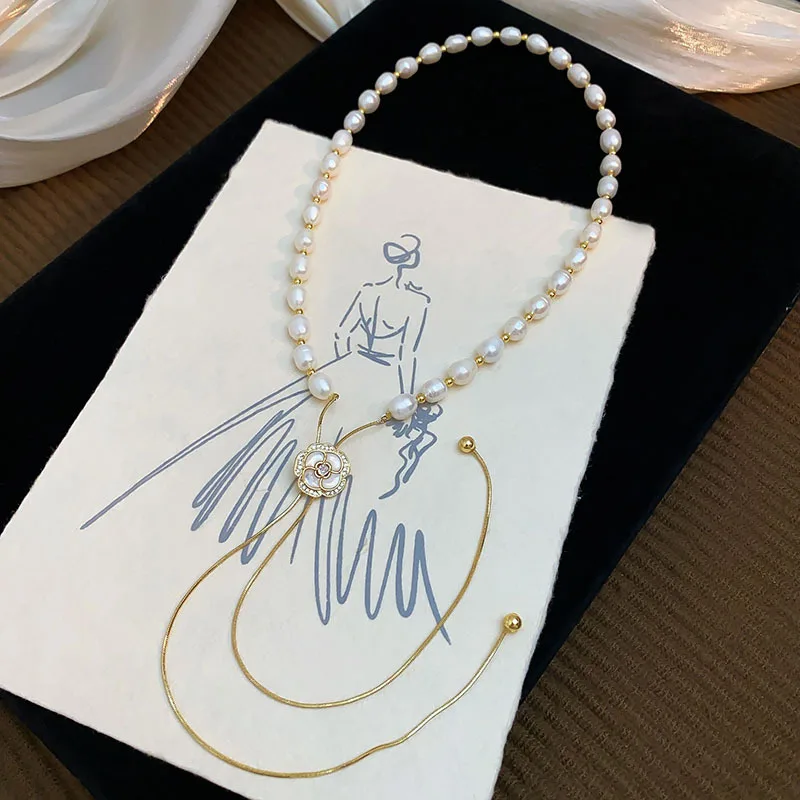 

High Quality Natural Freshwater Pearl Sweet Camellia Flower Style 14k Gold Filled Female Gifts Necklace Sweater Chain Adjustable