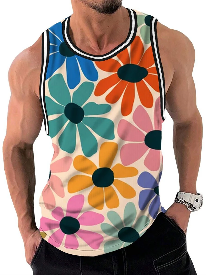 Vintage Rainbow Flowers 3D Print Tank Top Men Women Vacation Party Fashion Casual Y2k Clothing Oversized Sleeveless T-shirt Vest image 2