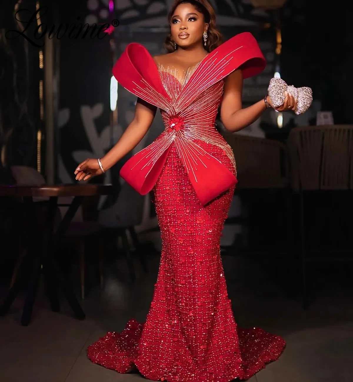 Celebrity Dresses Red Abendkleider Luxus 2023 African Prom Dresses Aso Ebi Arabic Beaded Sequins Mermaid Plus Size Evening Dress