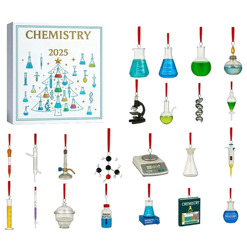 صندوق هدايا مفاجآت لعيد الميلاد لمدة 24 يومًا من الكيمياء، تقويم مجيء تحت عنوان علمي مع 24 زينة مستوحاة من المختبر #3
