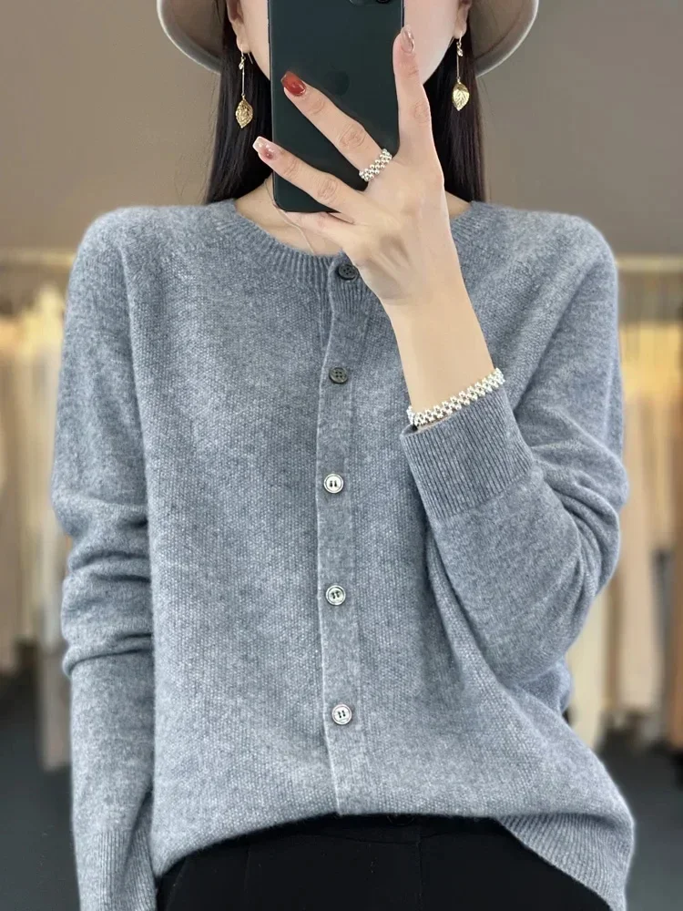 New Chic Spring Women‘s O-neck Grace Cardigan Sweater 100% Merino Wool Solid Cashmere Knitted Female Clothing Korean Style Tops