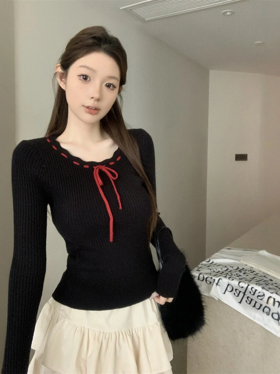 

Bla Knot Lace-Up Knitted Sweater Women's Slimming Inner irt Sweet And Spicy Top Knot Autumn Faion