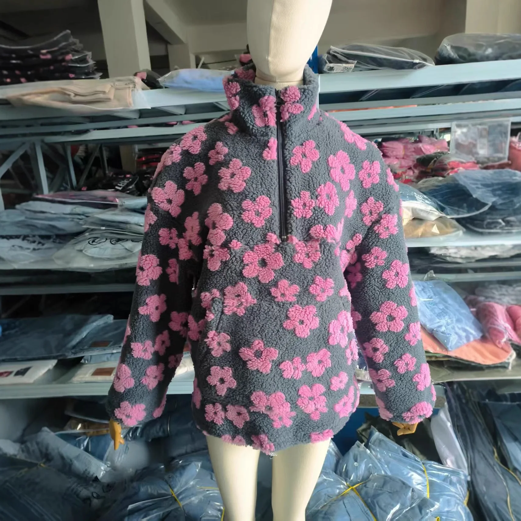 Women Thick Print Floral Sweatshirts Turtle Neck Half Zipper Pullover Long Sleeve Loose Sweatshirt Warm Pockets Autumn Winter
