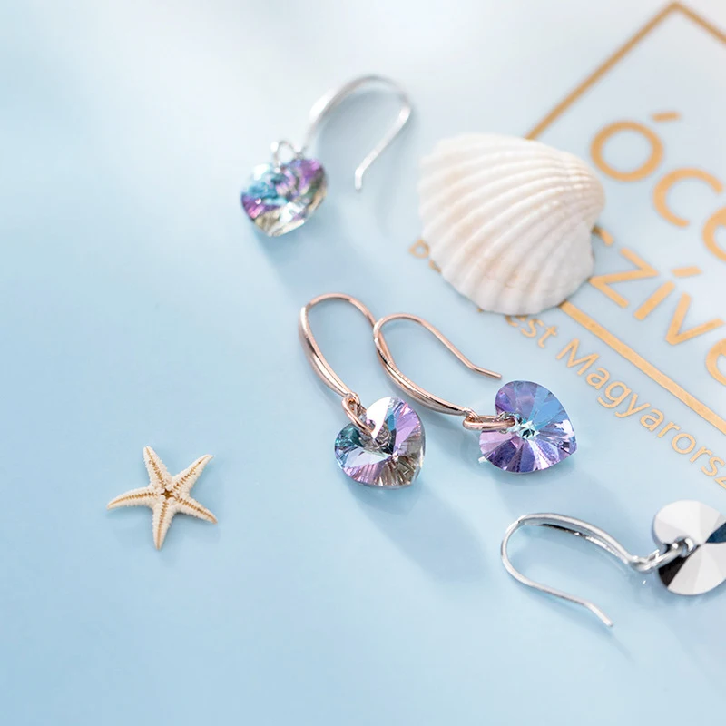 Modian Authentic 925 Sterling Silver Charm Ear Heart Shape Rainbow Crystal Dangle Earrings for Women Lady Fashion Jewelry Gift