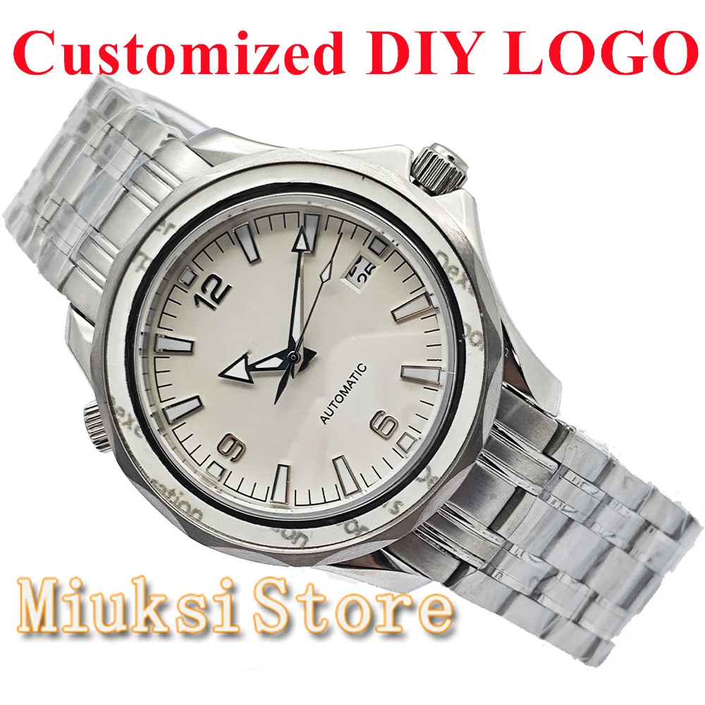 Orologio da uomo con logo fai-da-te personalizzato NH35 41 mm cassa per orologio in acciaio inossidabile argento cristallo di zaffiro adatto per orologio con movimento NH35