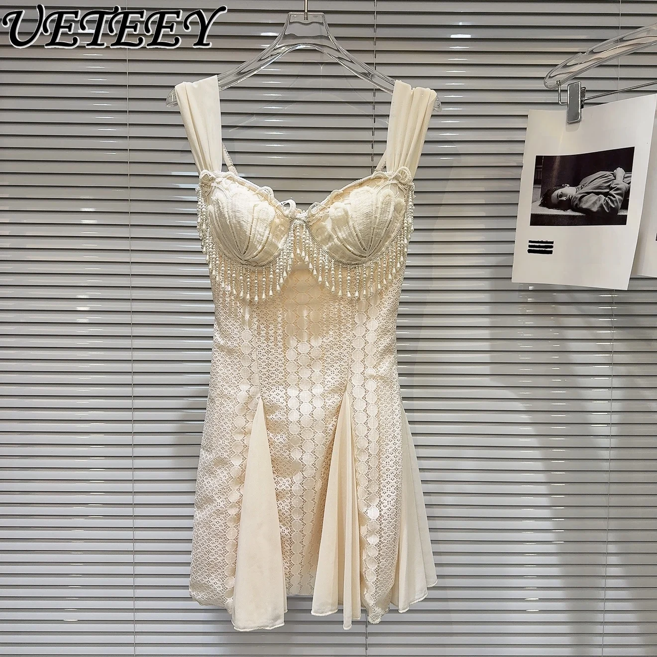 

Sweet Temperament Pearl Fringed Chain Hollow Link Flower Slim Chest Pad Vest Dress Women Summer New Lace Strap Dress Vestidos