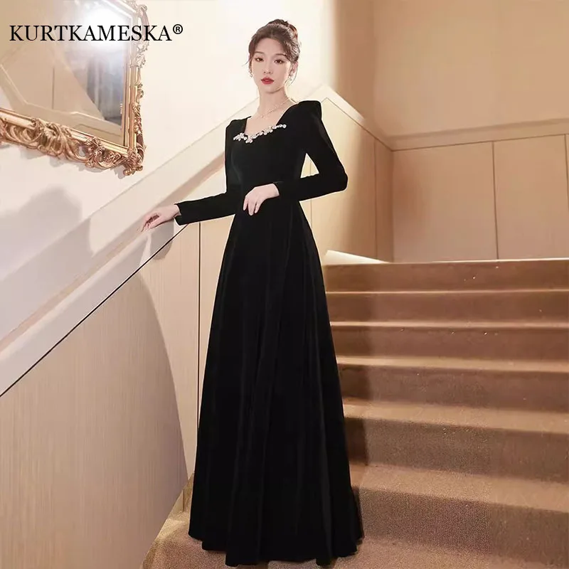 Elegant Evening Dress Velvet Long sleeves Wedding dresses A-line Party Gown Customized Korean Party Dresses Vestidos De Novia