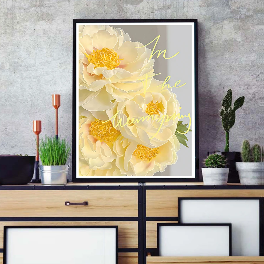 Yellow Peony Cross Stitch Kit Fresh Floral Living Room Wall Art Spring Theme Hand Embroidery DIY Material Pack