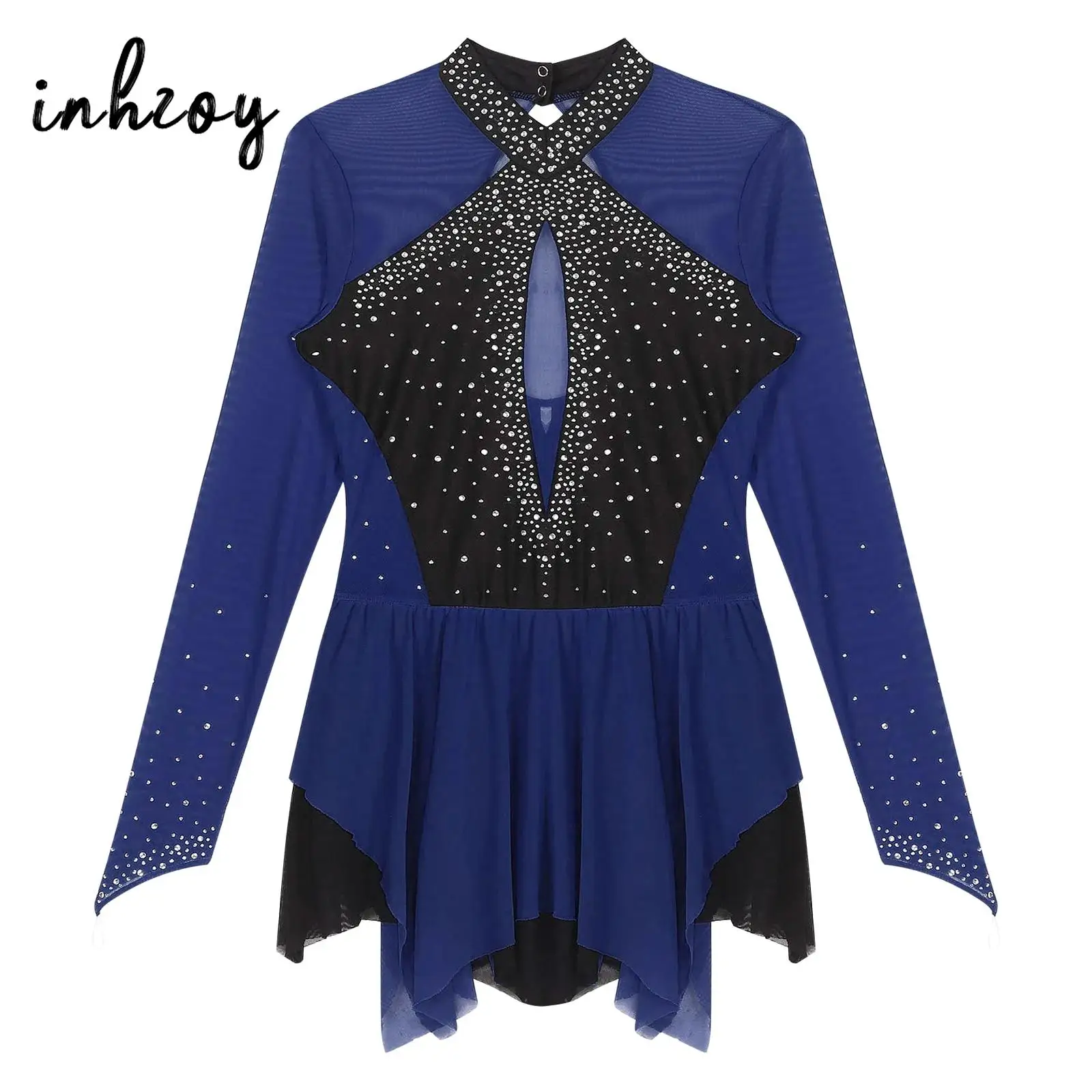 

Женское балетное гимнастическое платье со стразами, лирическое платье для фигурного катания, танцевальная одежда, нерегулярный подол, трико с замочной скважиной сзади