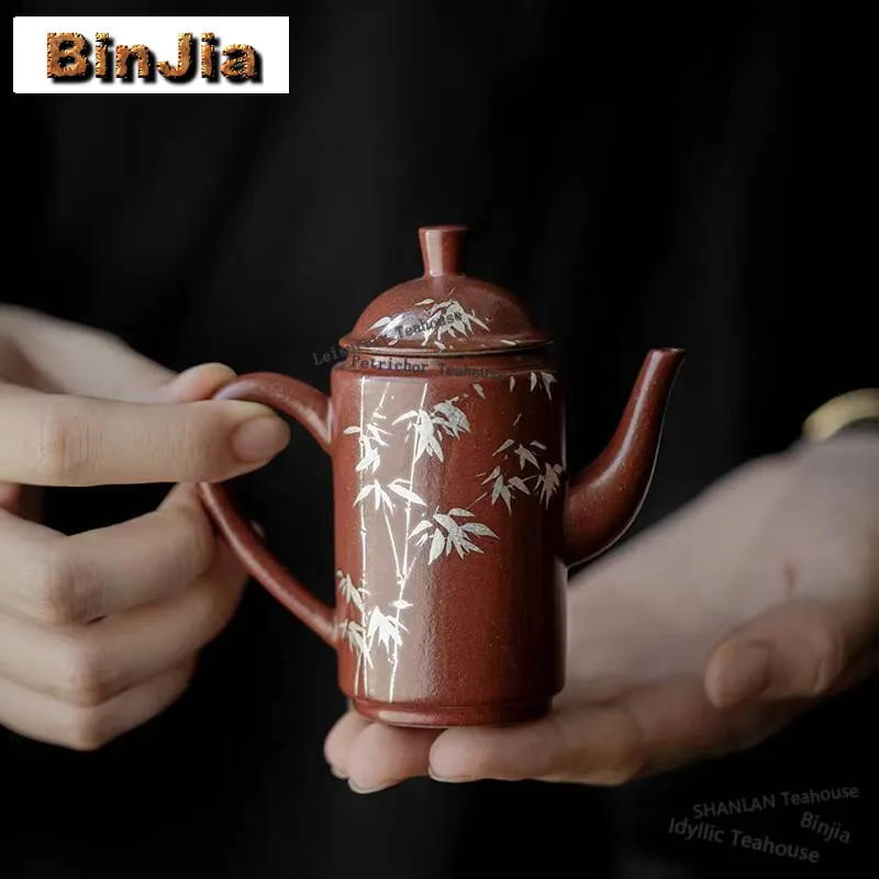 75ml Hand Drawn Trace Silver Bamboo Tea Pot Antique Palace Red Filter Small Pot Tea Making Kettle Kung Fu Teaset Collection Gift