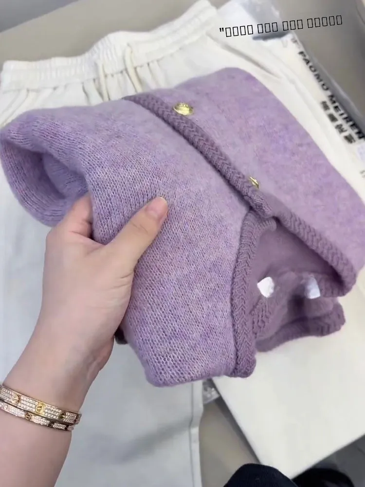 

Ladies' Purple Tofu Flavored Loose Knitted Sweater round Ne Open Cardigan Autumn Winter Sle Casual Comfortable Knitwear