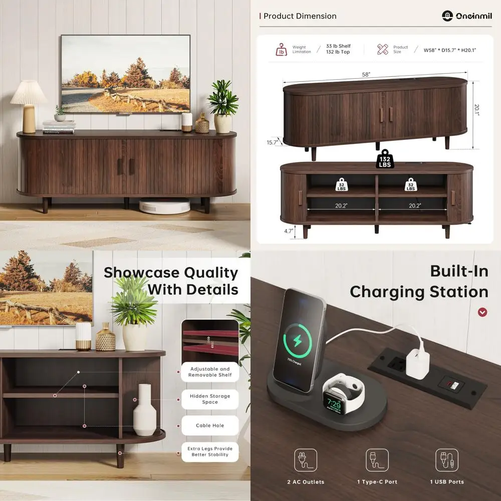 oneinmil 58 Fluted TV Stand with Sliding Doors, Mid Century Modern TV Stands, Entertainment Center with Storage and Adjustable S