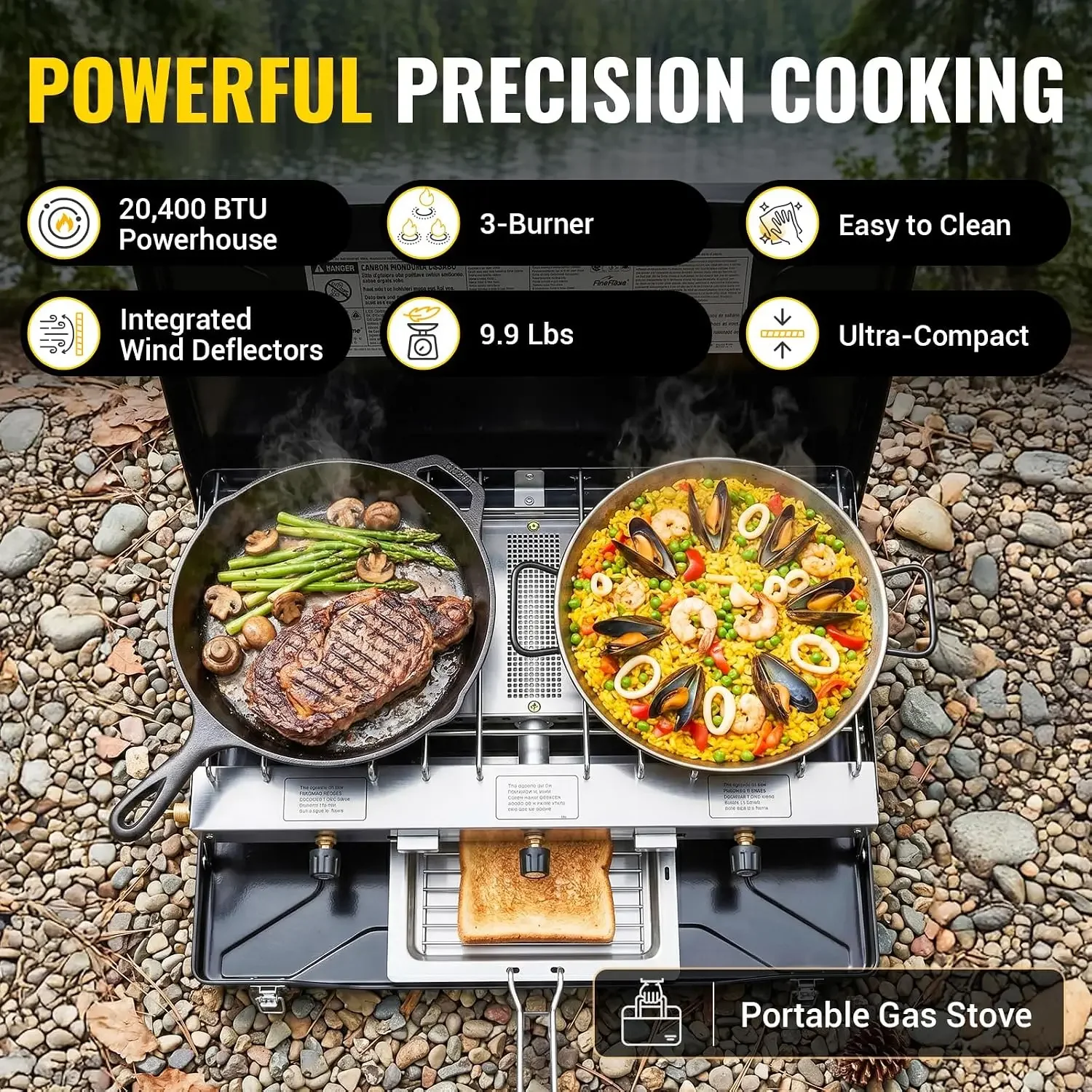 Camping Stove, Propane Portable Camp Stove, 20400BTU-3 Burners | With Toaster & Regulator, Push-Button Instant Ignition