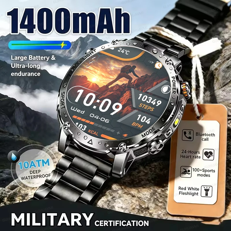 2026 New TANK Ultra Military 1400mAh Battery Smart Watch 1.7" AMOLED Screen 10ATM Waterproof SOS+Flashlight Men Sports Bracelet