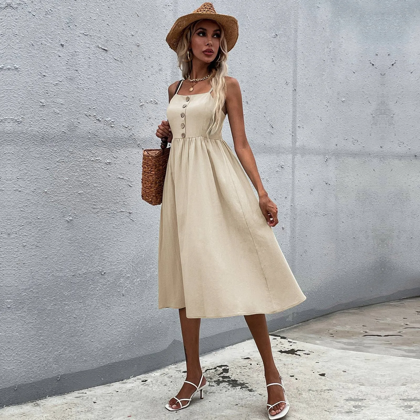 

French Elegant Button Suspenders Dress High Waisted Slim Sleeveless A-Line Dresses Solid Color Casual Pleated Dress Women
