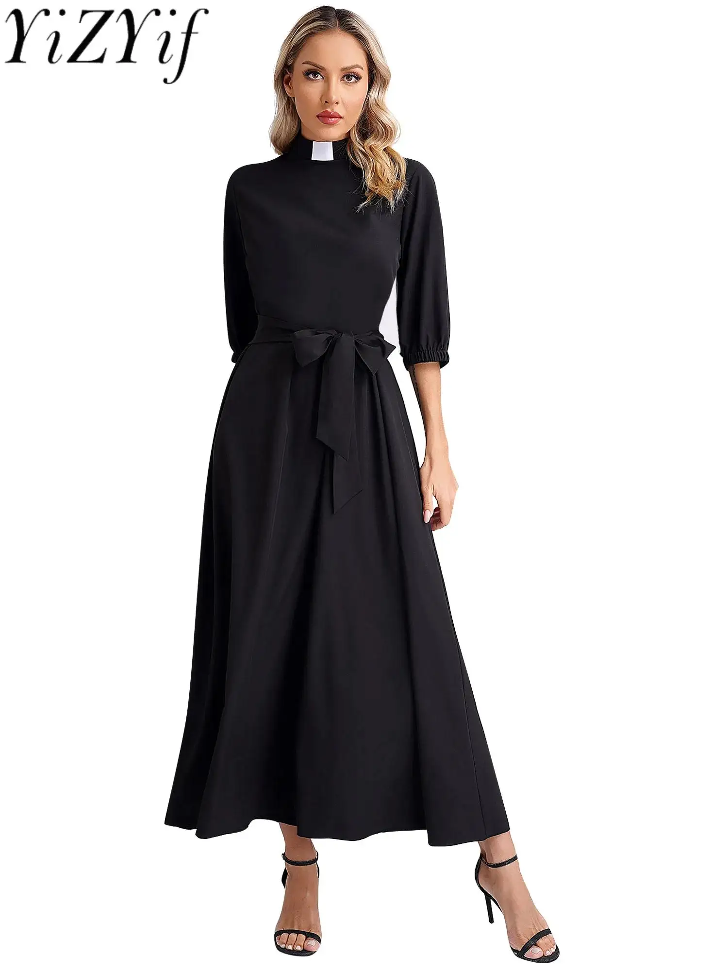 

Church Clergy Dress for Women Minister A-Line 3/4 Sleeve Swing Maxi Dress Long Belt Dresses with Tab Collar Theme Party Outfit