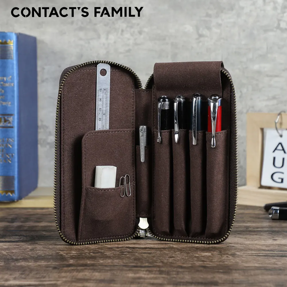 Eleganckie etui na długopisy z wysokiej jakości skóry licowej, zamykane na zamek, 4 przegródki, organizer na długopisy, wielofunkcyjna kieszeń na przybory biurowe, skórzana torba na długopisy, idealny prezent.