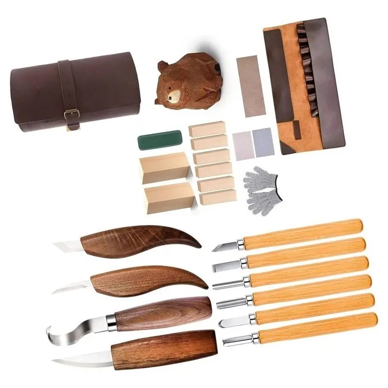 AC88 Wood Carving Knife Set for Beginners - 10Pcs Professional Woodworking Cutting Tools with Scimitar & Digging Spoon
